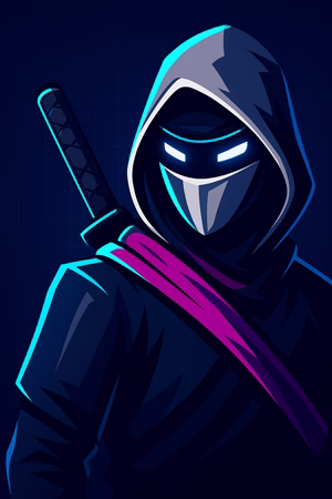 Futuristic cyberpunk-style ninja in a hood and mask with glowing blue eyes and a katana, symbolizing the Ninja Affiliate Program’s power and innovation.