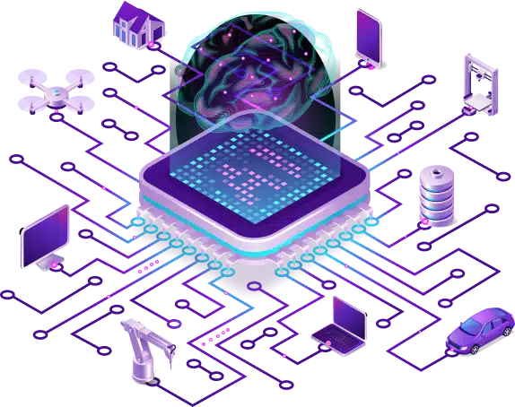 Futuristic illustration of AI brain and microchip connected to devices, symbolizing NinjaTrader programming and automation