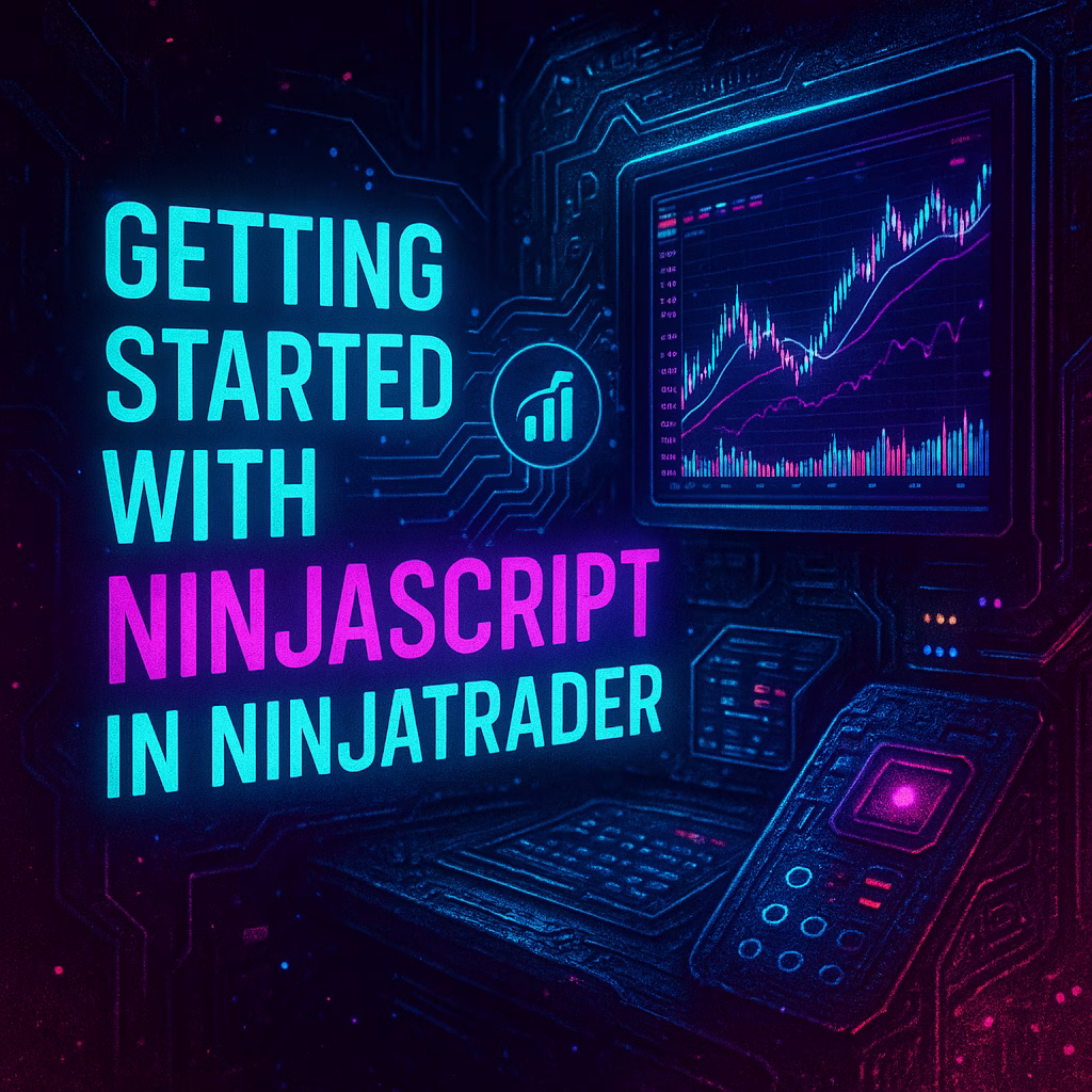 Cyberpunk-style digital artwork with neon blue and magenta accents, showing a futuristic trading interface and glowing charts, with the text “Getting Started in NinjaTrader Programming with NinjaScript.