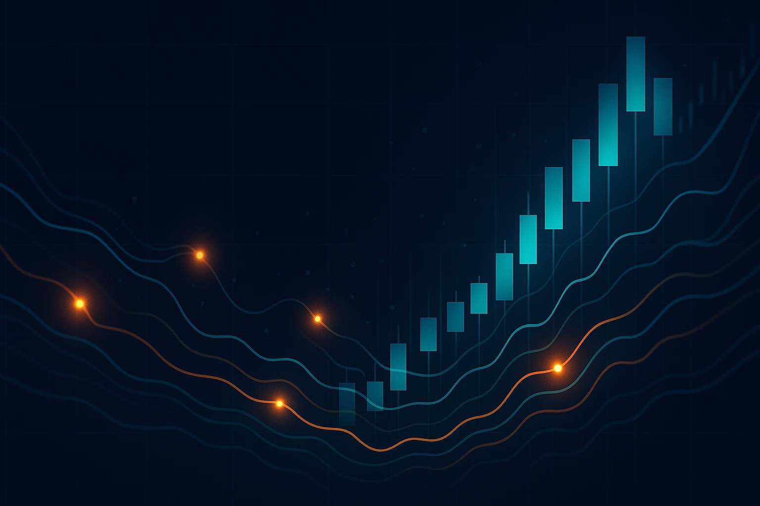 Abstract representation of order flow trading with digital lines and nodes conveying market data flow.