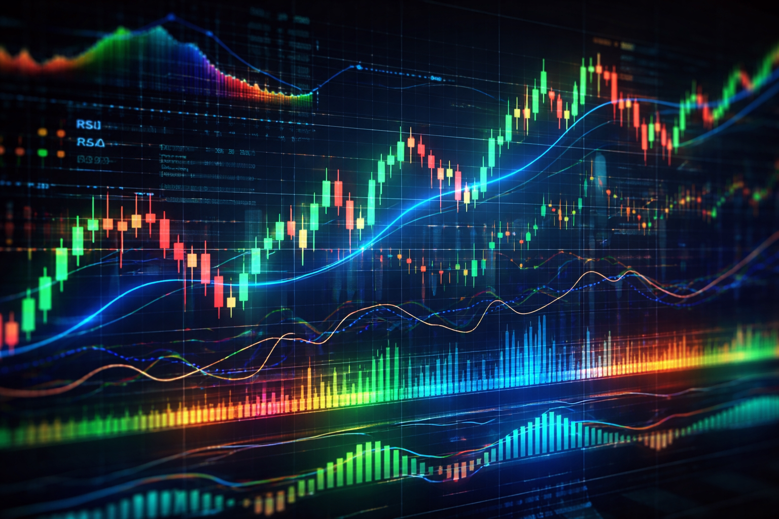 Technical trading chart with candlesticks, volume, and indicators used in NinjaTrader analysis