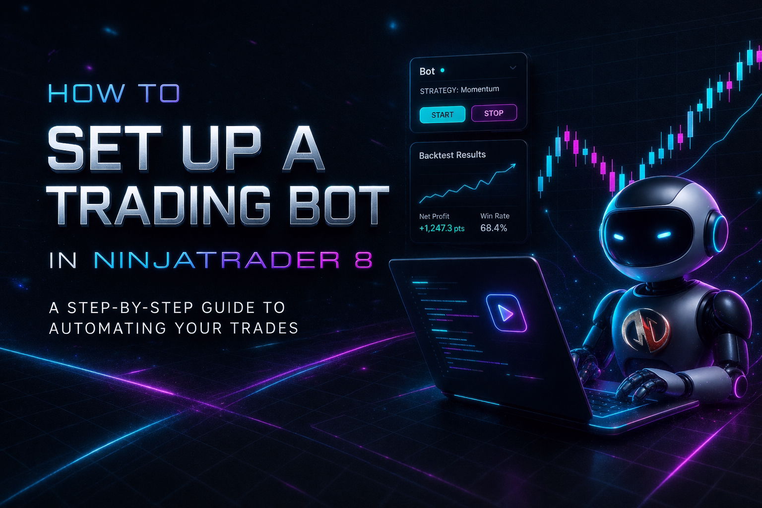 Futuristic trading bot setup in NinjaTrader 8 with automated strategy, backtesting results, and algorithmic trading interface