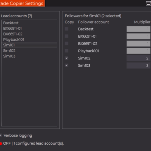 Ninja Code Solutions Trade Copier settings window showing a NinjaTrader 8 lead account with multiple follower accounts and custom quantity multipliers.